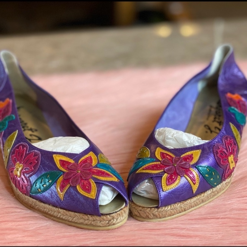 Vintage 80s Margaret J Espadrille Wedge Shoes Floral Embroidered Size 7.5N